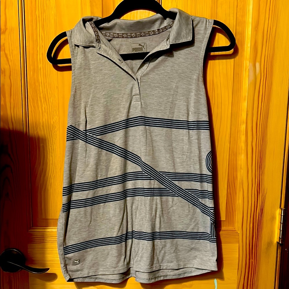Puma Gray and Blue Striped Sleeveless Golf Shirt